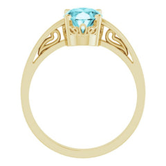 14K Yellow Gold Natural Blue Zircon Scroll Setting® Ring