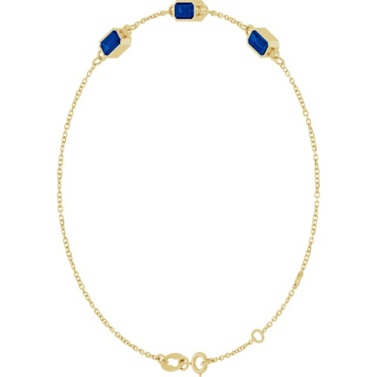 14K Yellow Gold Lab-Grown Blue Sapphire Bezel-Set 3-Stone 7 1/2" Bracelet
